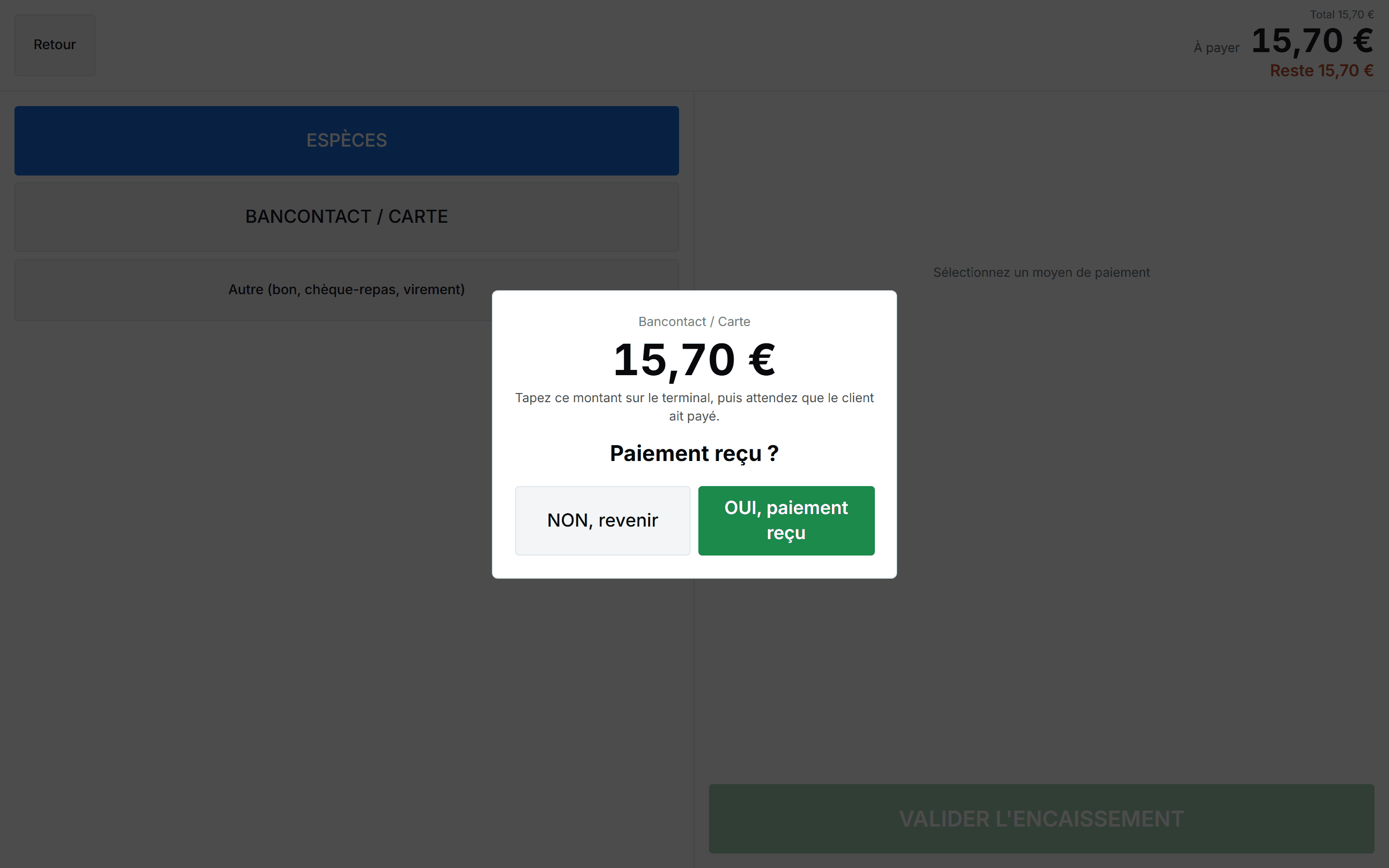 Fenêtre « Paiement reçu ? » de la caisse VELKA pour un paiement Bancontact de 15,70 €.