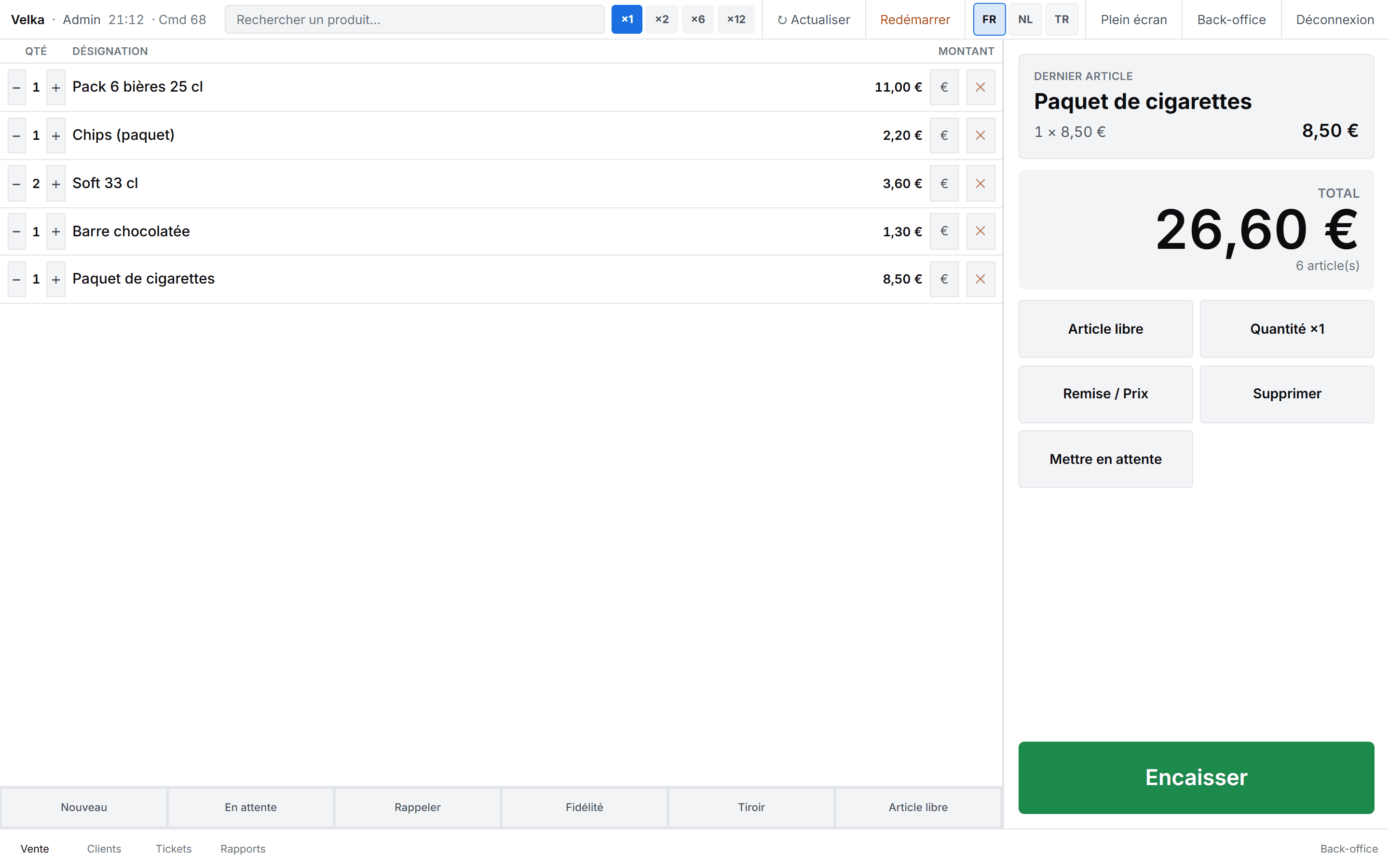 The VELKA till: scanner sales screen, open receipt of €26.60.
