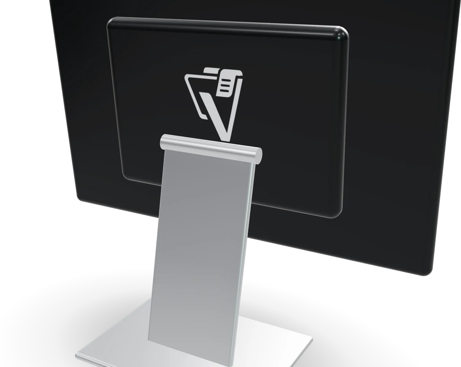 The back of the VELKA till, aluminium stand and logo.