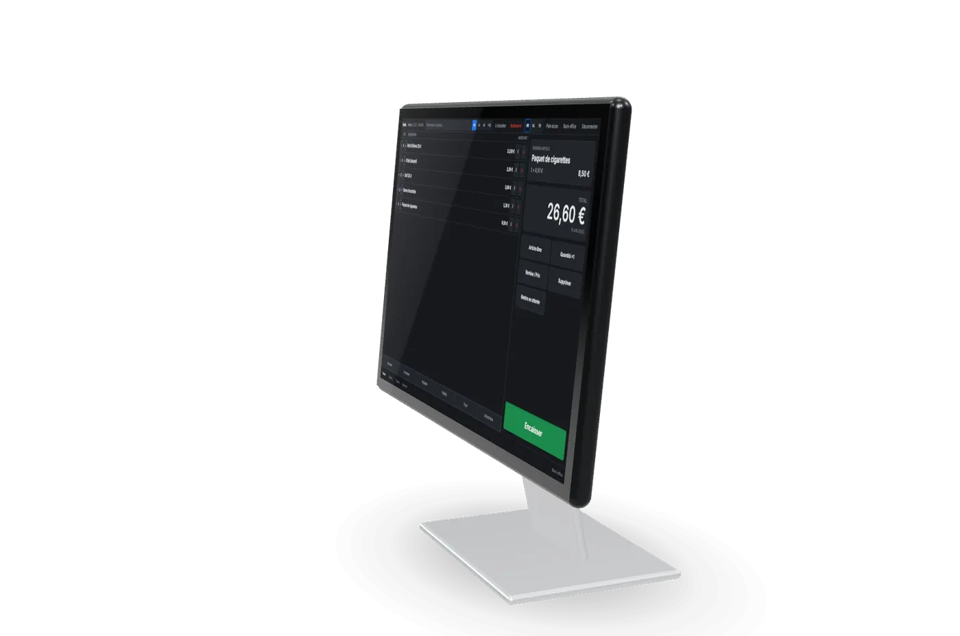 The VELKA till: scanner sales screen, open receipt of €26.60.