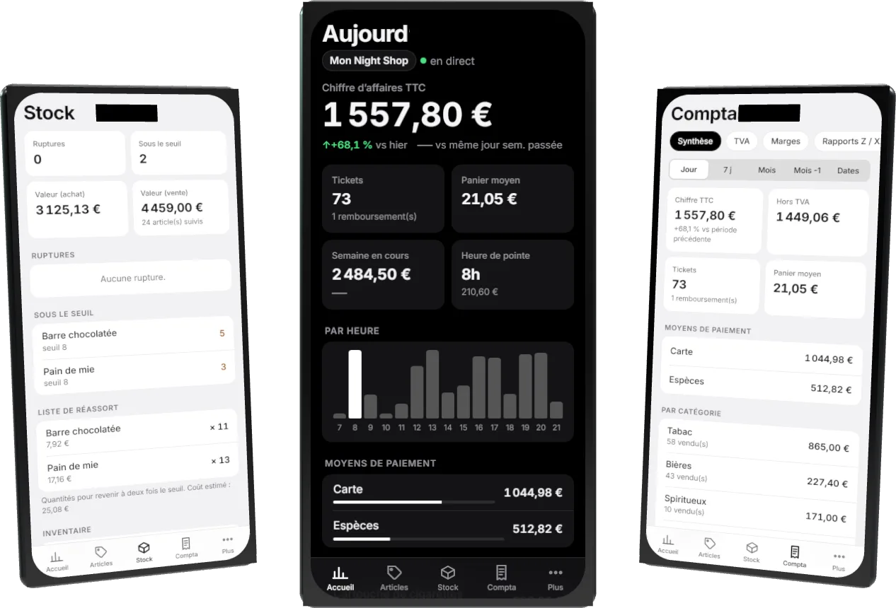 The VELKA app on three phones: home, stock and accounts.